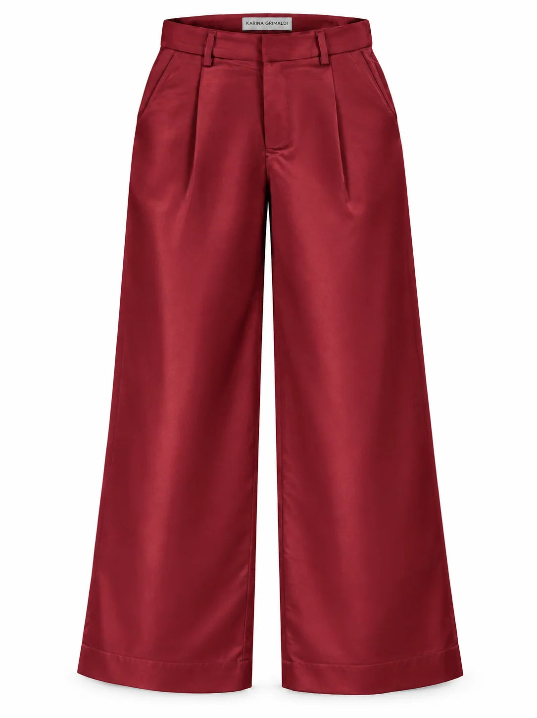 wine colored pants with pleats and belt loops on a white background