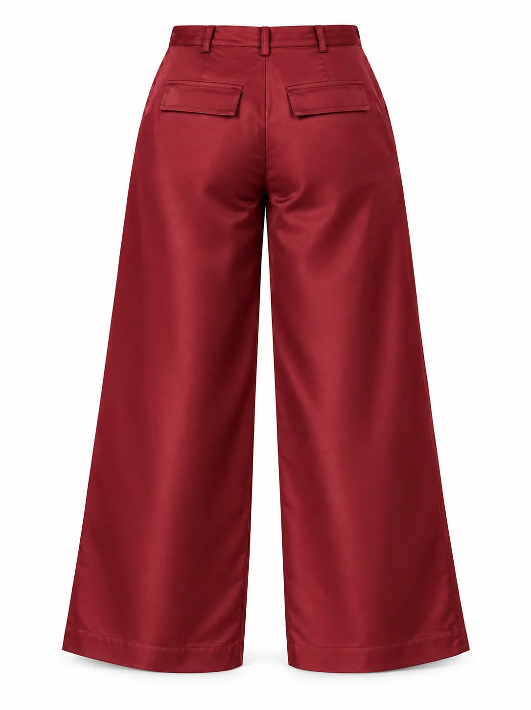 Red wide-leg cropped pants shown from the back, featuring two flap pockets and belt loops, on a plain white background.