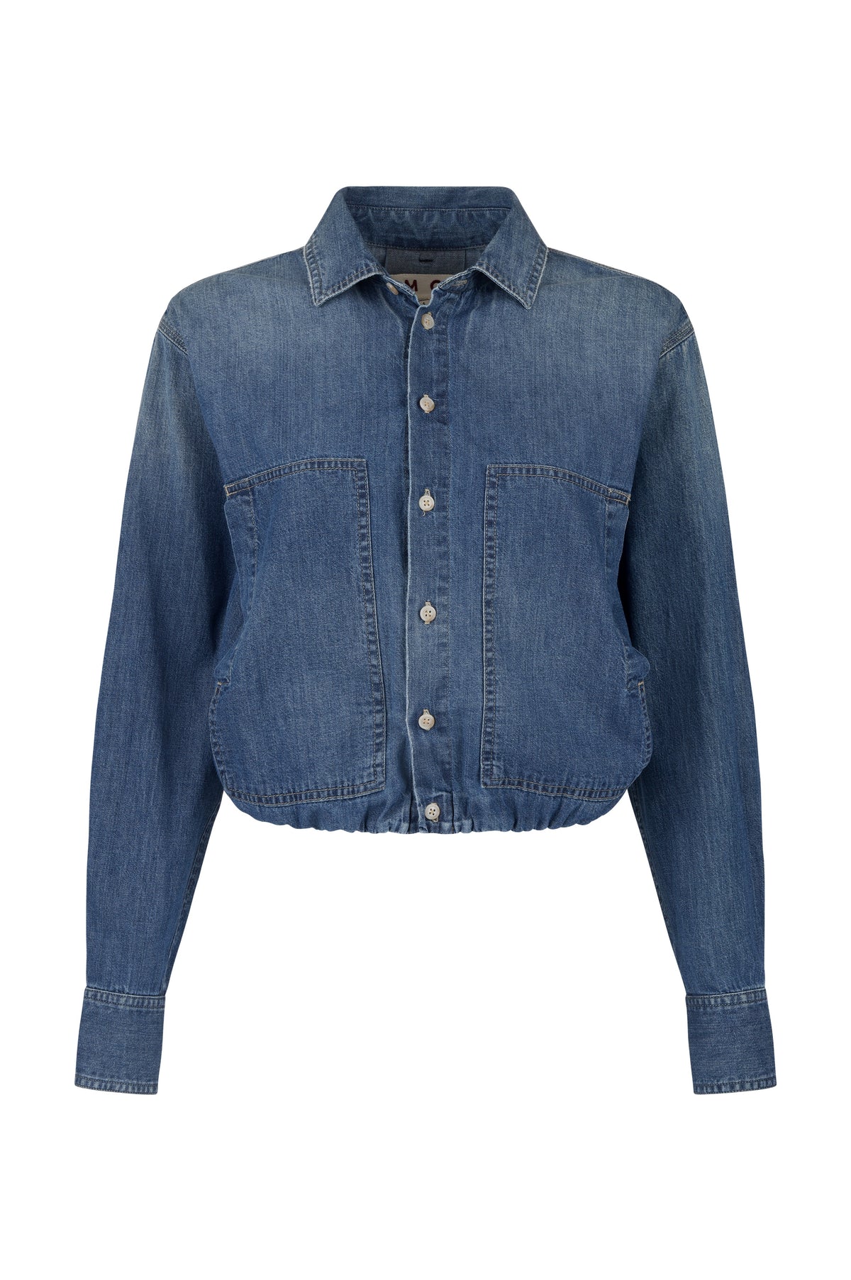 A cropped blue denim jacket with long sleeves, a button-up front, and two front chest pockets, shown on a plain white background.