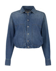 A cropped blue denim jacket with long sleeves, a button-up front, and two front chest pockets, shown on a plain white background.
