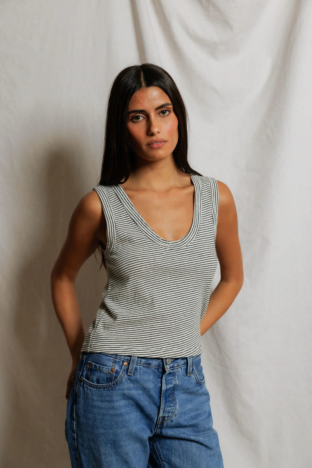 Vicky Stripe Tank front view on model