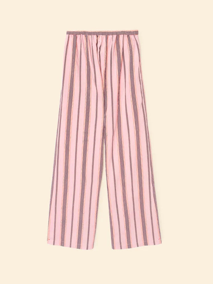 Pink striped pants on a beige background front view