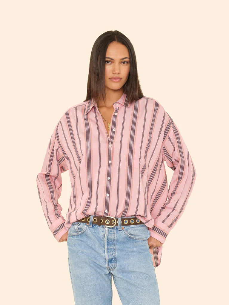 Xirena striped button up shirt on model front view