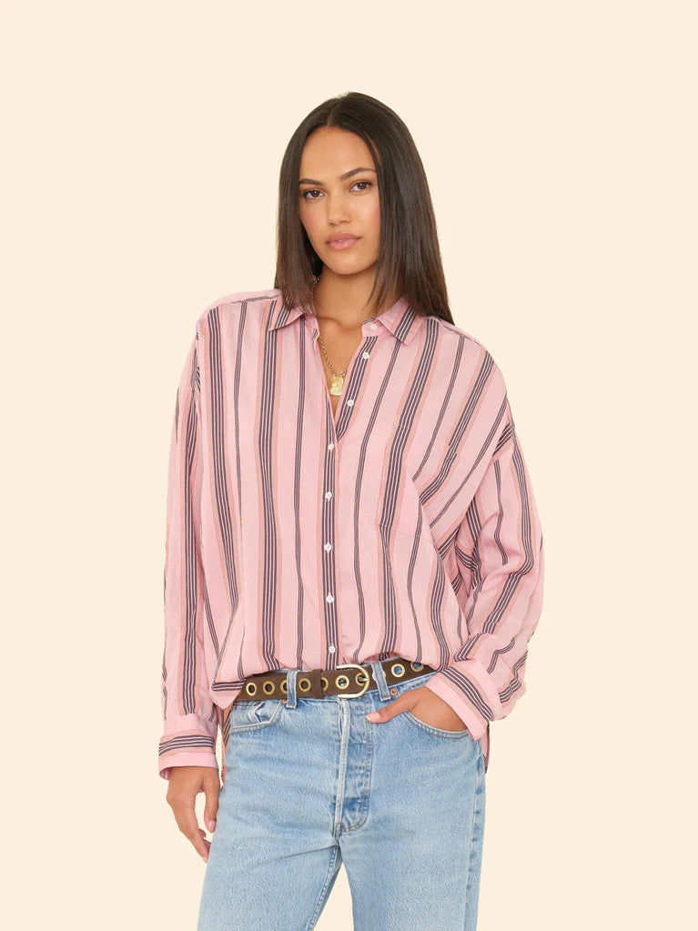 Xirena striped button up shirt on model front view