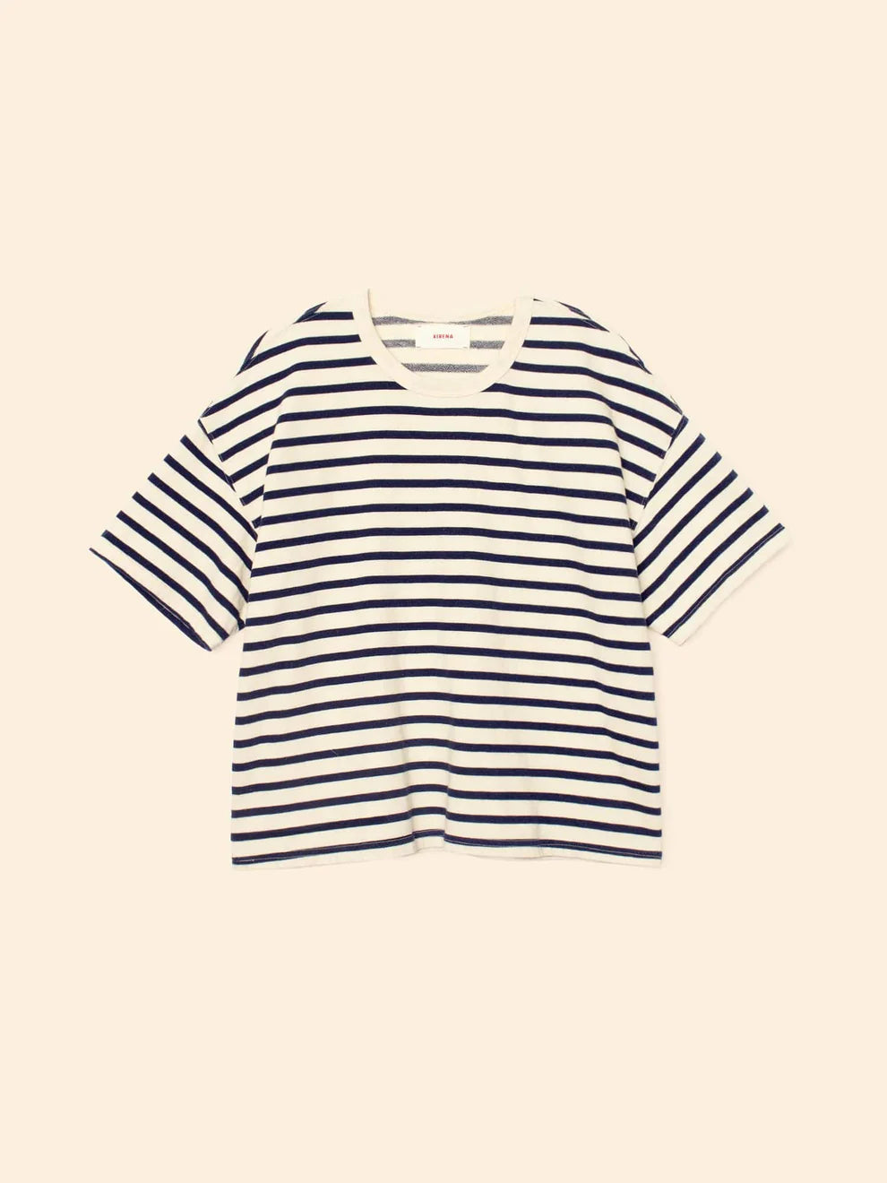 Navy and white striped t-shirt on a beige background