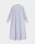 A long-sleeve shirt dress with vertical blue, white, and red stripes, shown from the back against a light gray background.