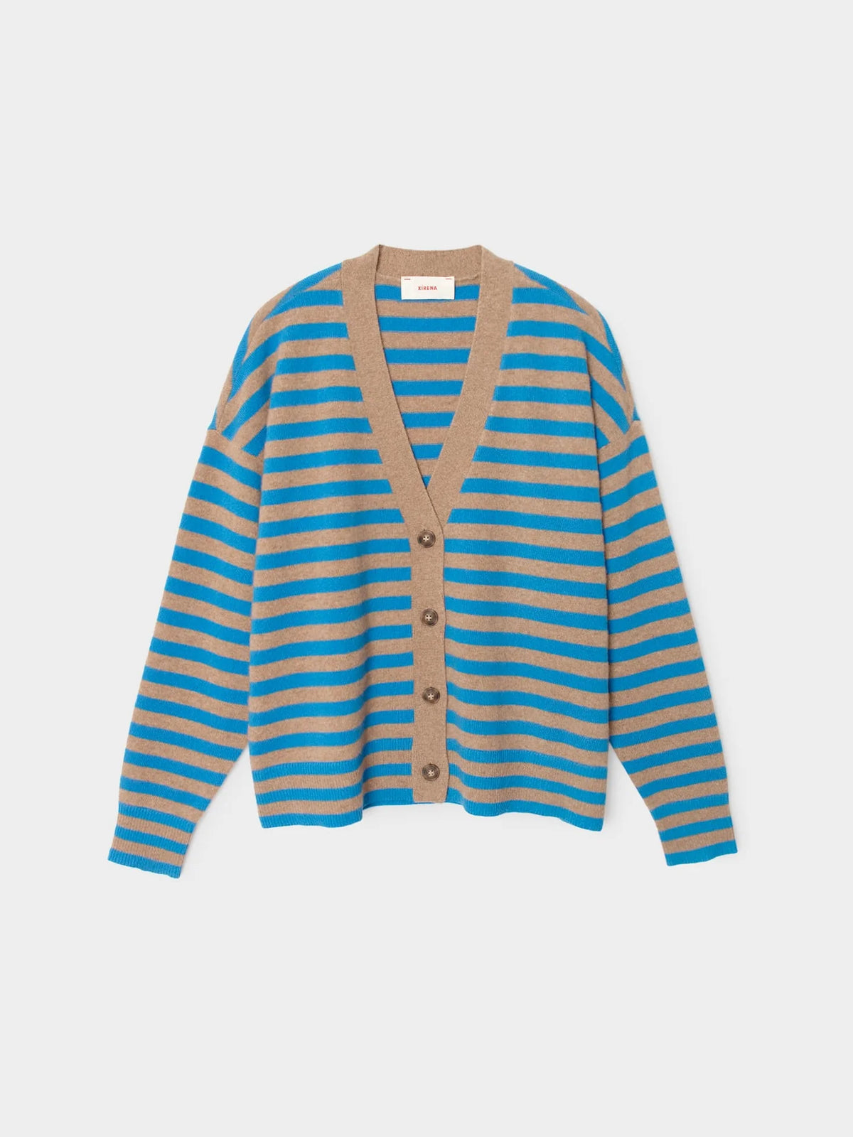 tan and blue stripe vneck button down cardigan on a white background 