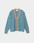tan and blue stripe vneck button down cardigan on a white background 