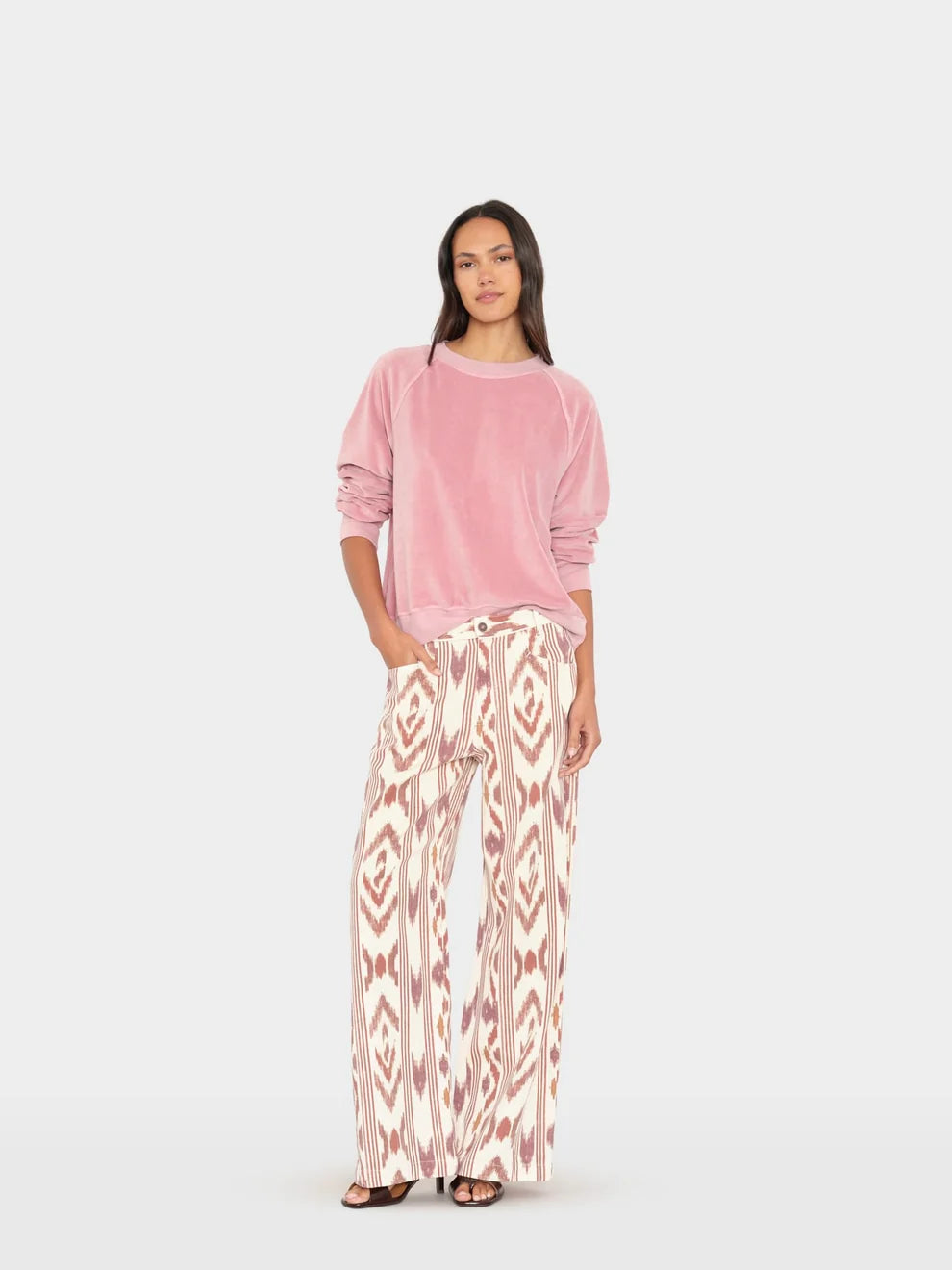 Nixon Pant in Ivory Ikat front view on model on white background