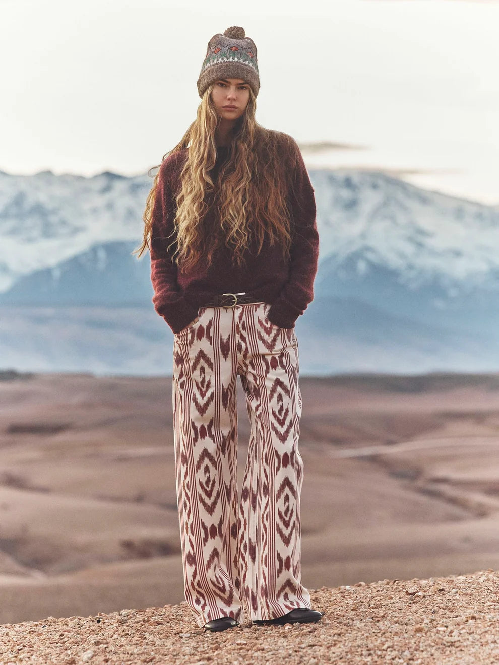 Nixon Pant in Ivory Ikat front view on model