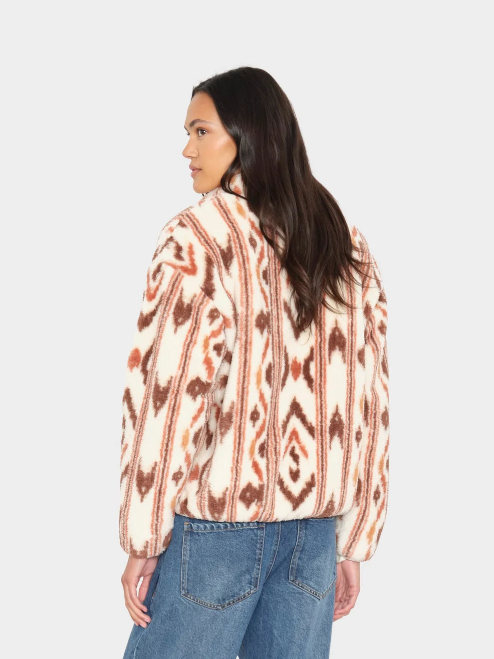Ridge Pullover in Ivory Ikat back view on model