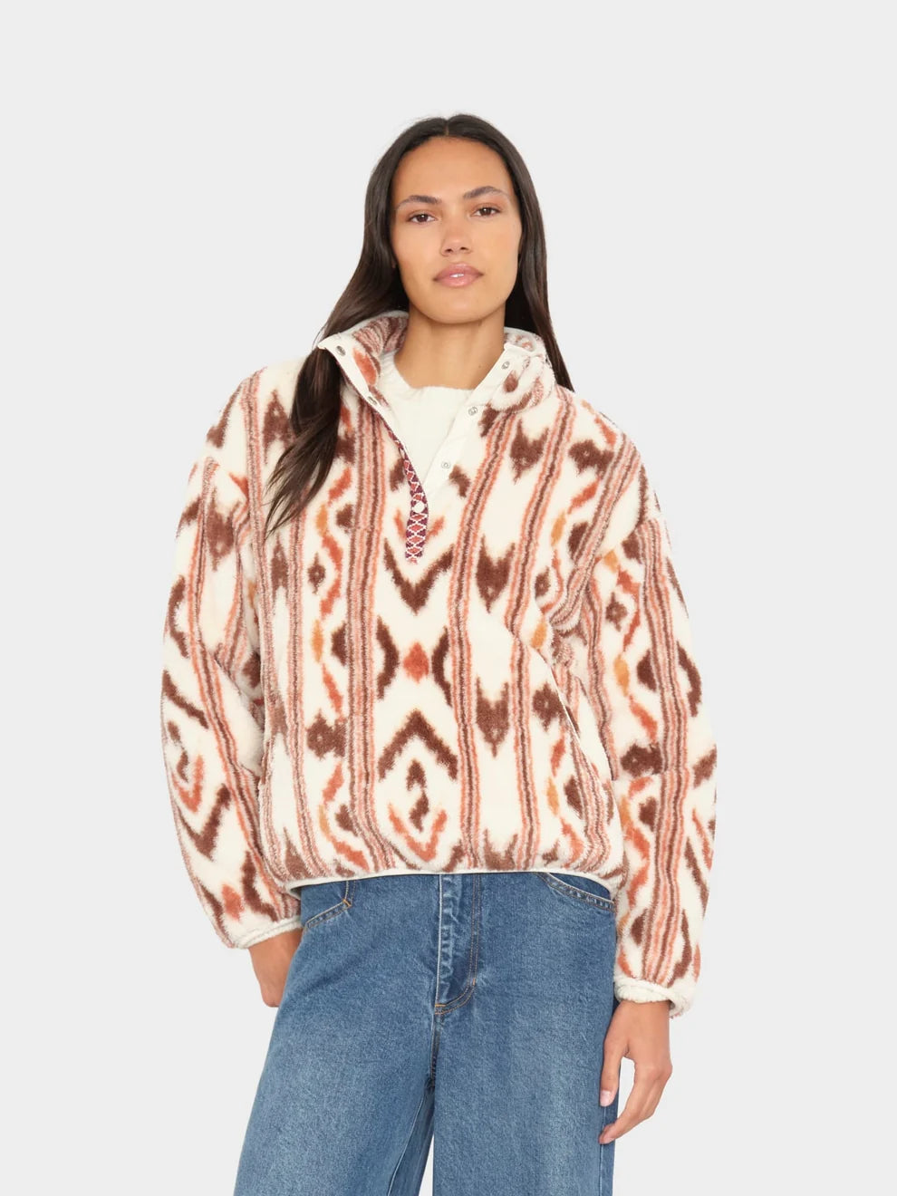 Ridge Pullover in Ivory Ikat front view on model