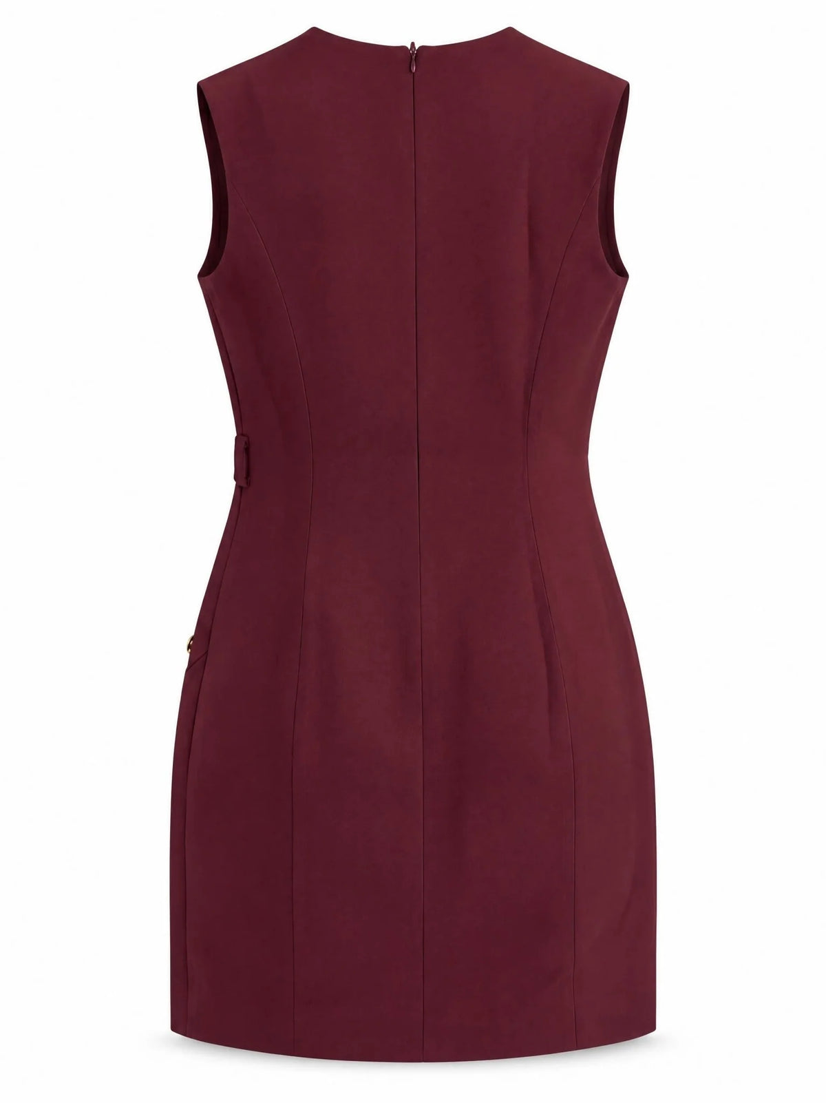 A sleeveless sheath dress in deep burgundy, shown from the back on a clean white background.