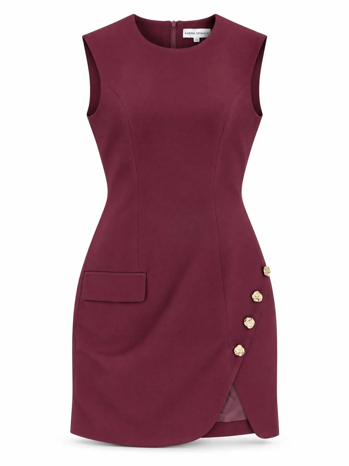 A sleeveless wine red dress with a round neckline, a side pocket, and decorative gold buttons along the side slit, shown on a plain white background.
