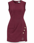 A sleeveless wine red dress with a round neckline, a side pocket, and decorative gold buttons along the side slit, shown on a plain white background.
