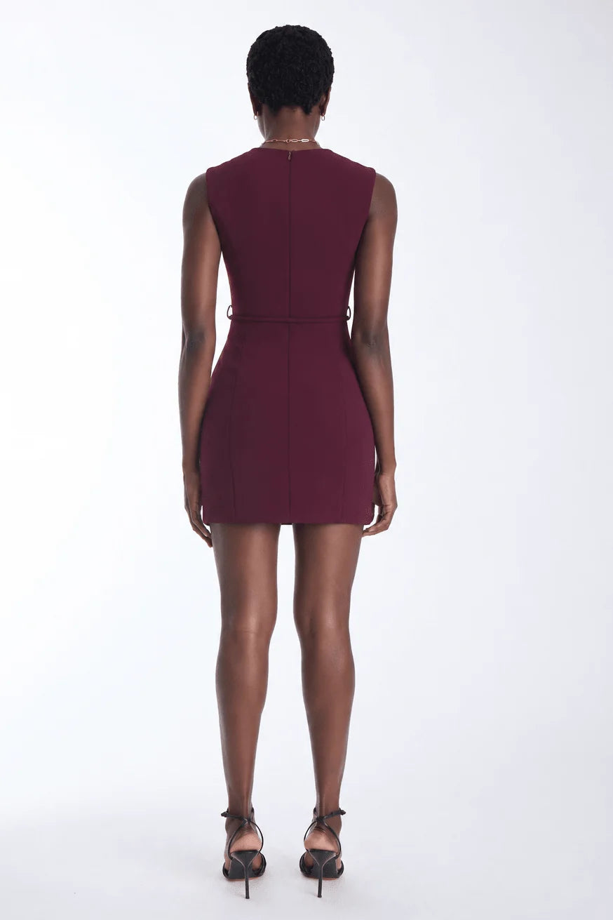 A woman viewed from the back wearing a sleeveless, knee-length burgundy dress with a structured silhouette and thin waist ties, paired with black strappy heels against a plain white studio background.