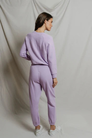 model wearing a purple lounge set on a white background, back view